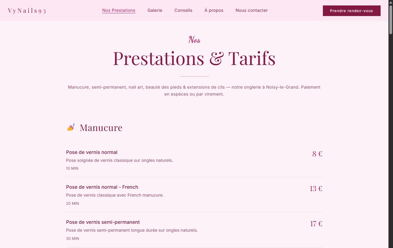 VyNails services and pricing menu, browsable online with durations