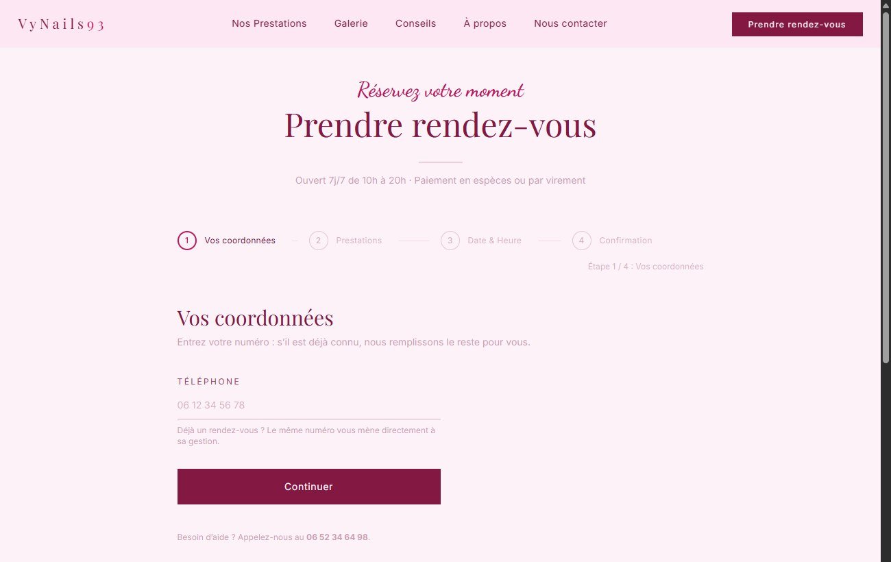 VyNails online booking, a four-step appointment flow open 7 days a week