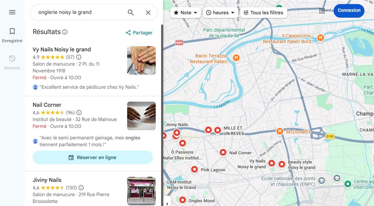 Google Maps: Vy Nails ranked first for onglerie Noisy-le-Grand, 4,9 stars, 57 reviews