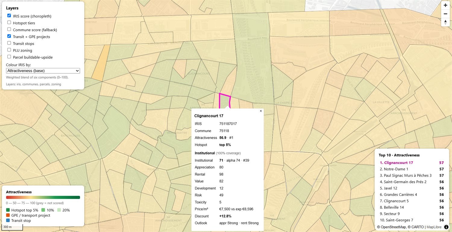 Interactive map scoring Paris neighbourhoods from 0 to 100 by investment attractiveness